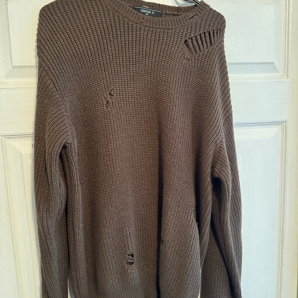 Forever 21 Distressed Brown Crewneck Sweater